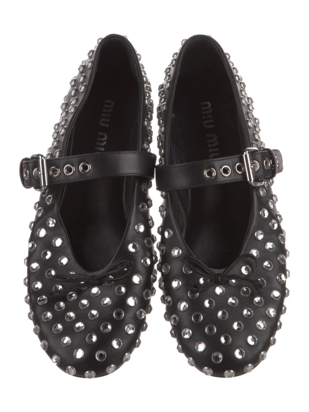 New MIU MIU Black Leather Jewel Crystal Embellished Mary Jane Flats 9.5 39.5